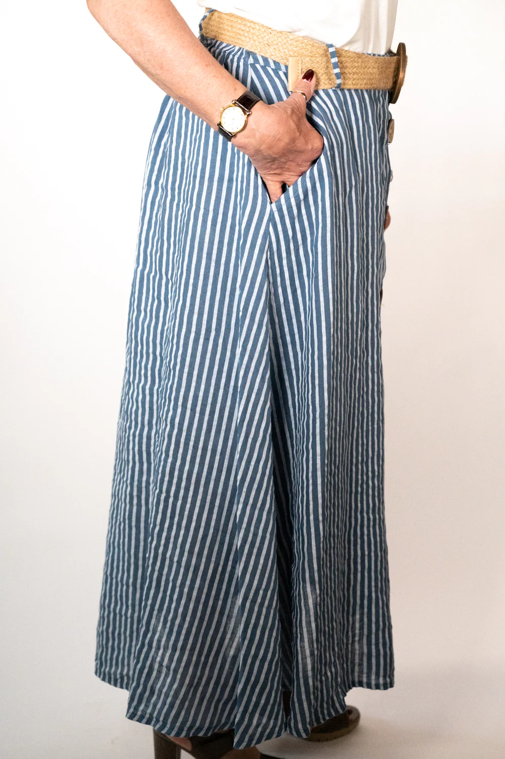 Denim Stripe Belted Midi Skirt - Image 3