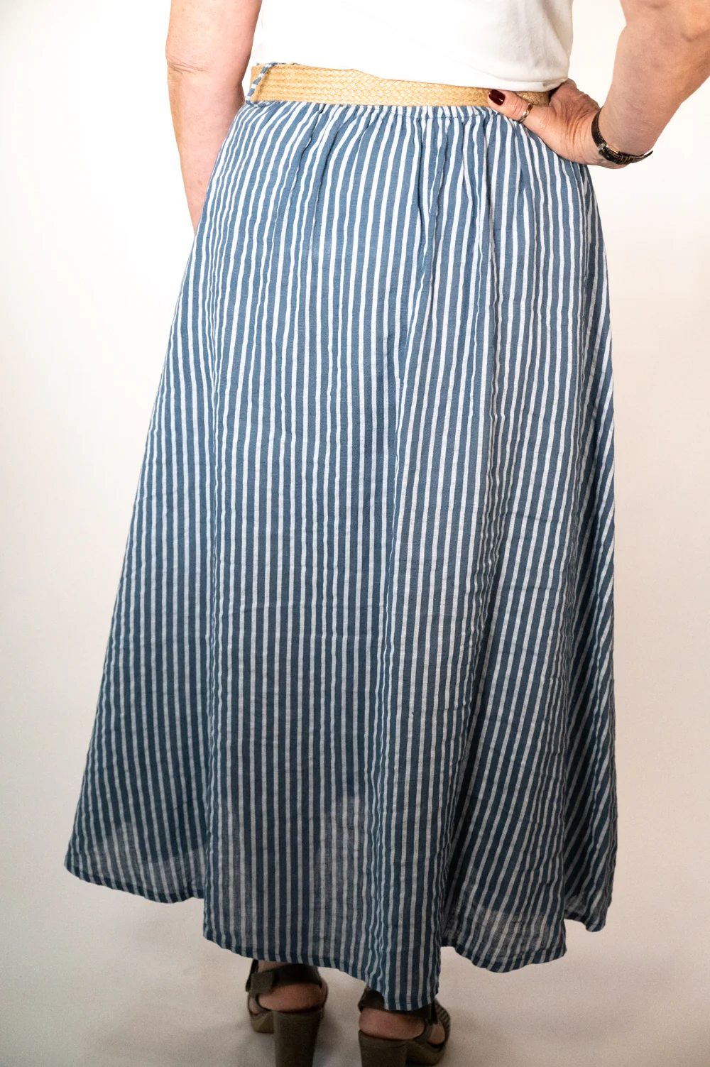 Denim Stripe Belted Midi Skirt - Image 4