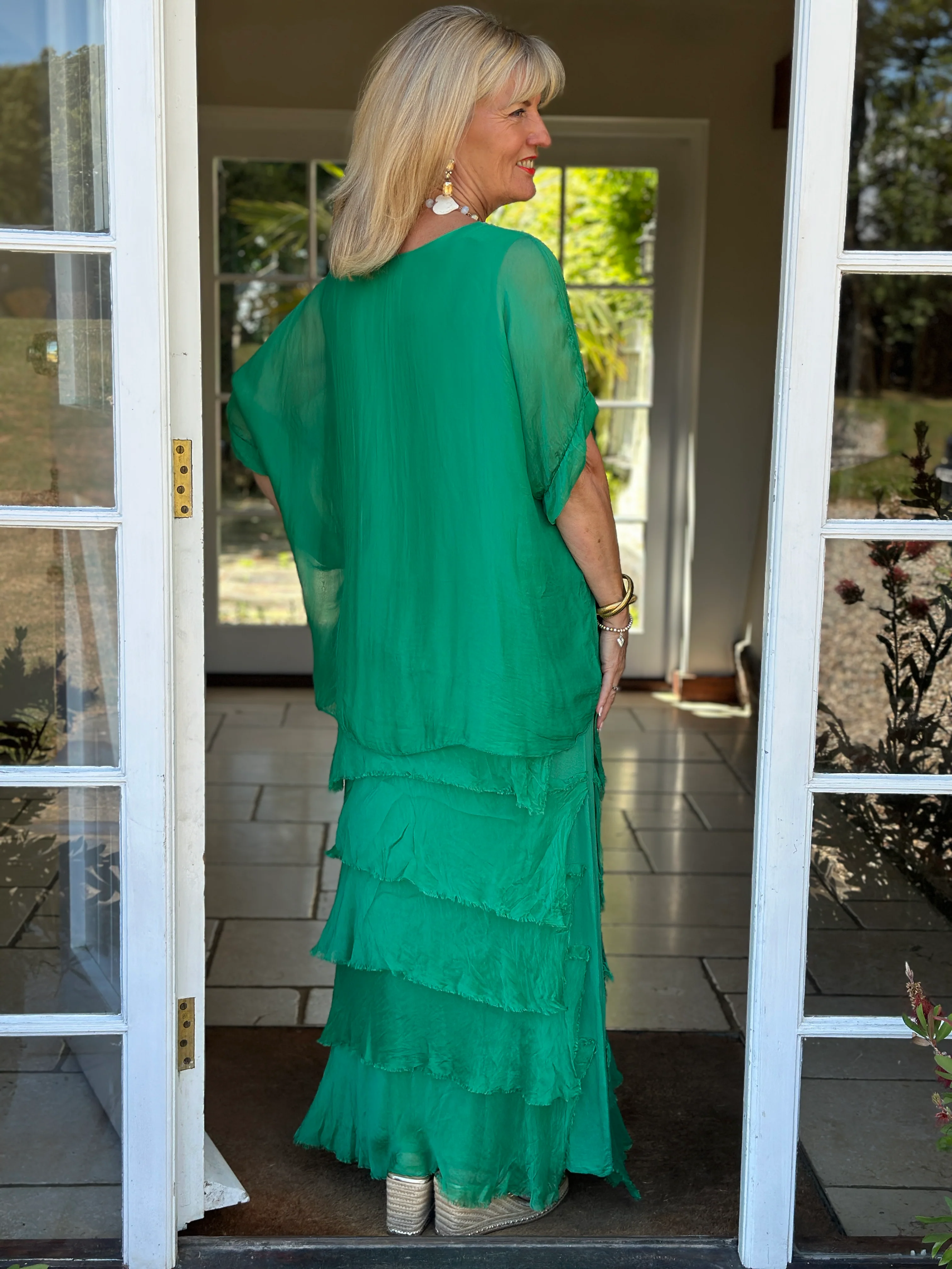 Silk Tiered Ruffle Dress | Emerald Green - Image 3