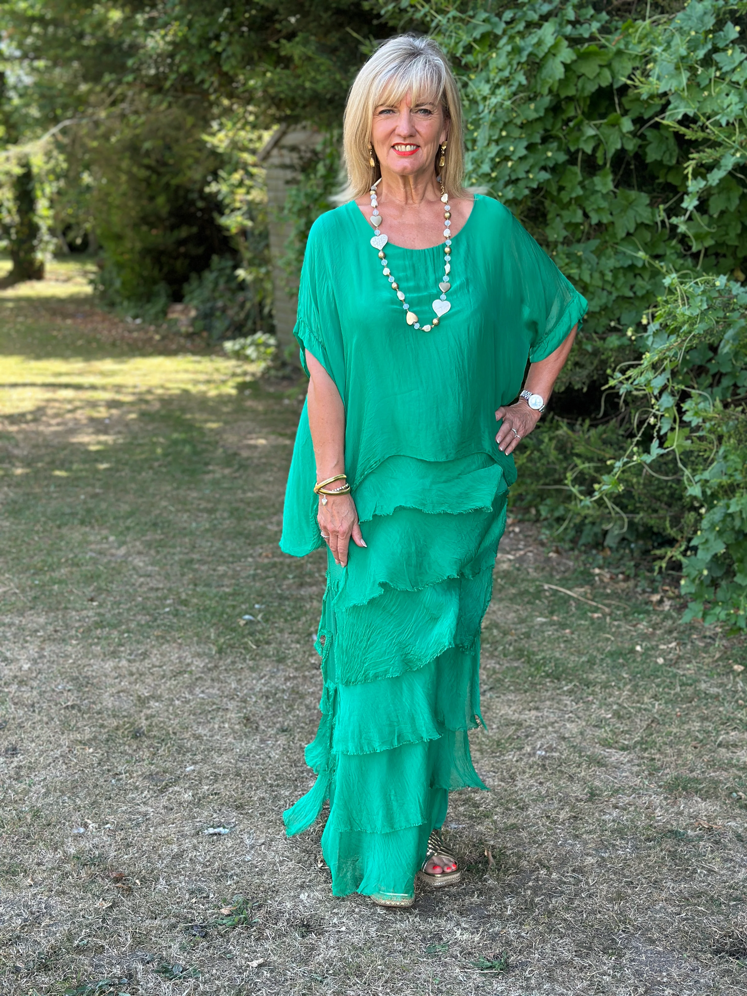 Silk Tiered Ruffle Dress | Emerald Green - Image 4