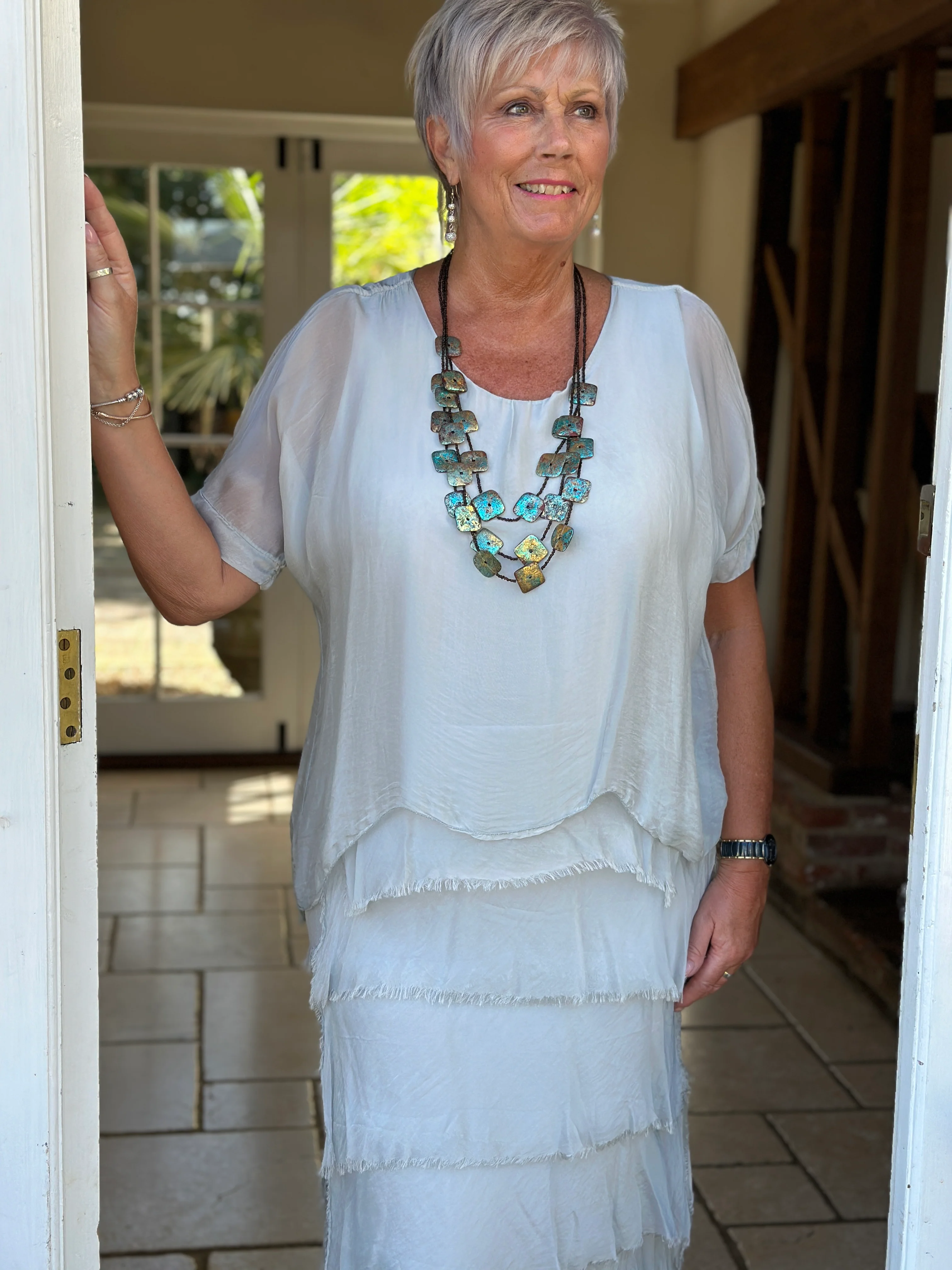 Silk Tiered Ruffle Dress | Silver - Image 5