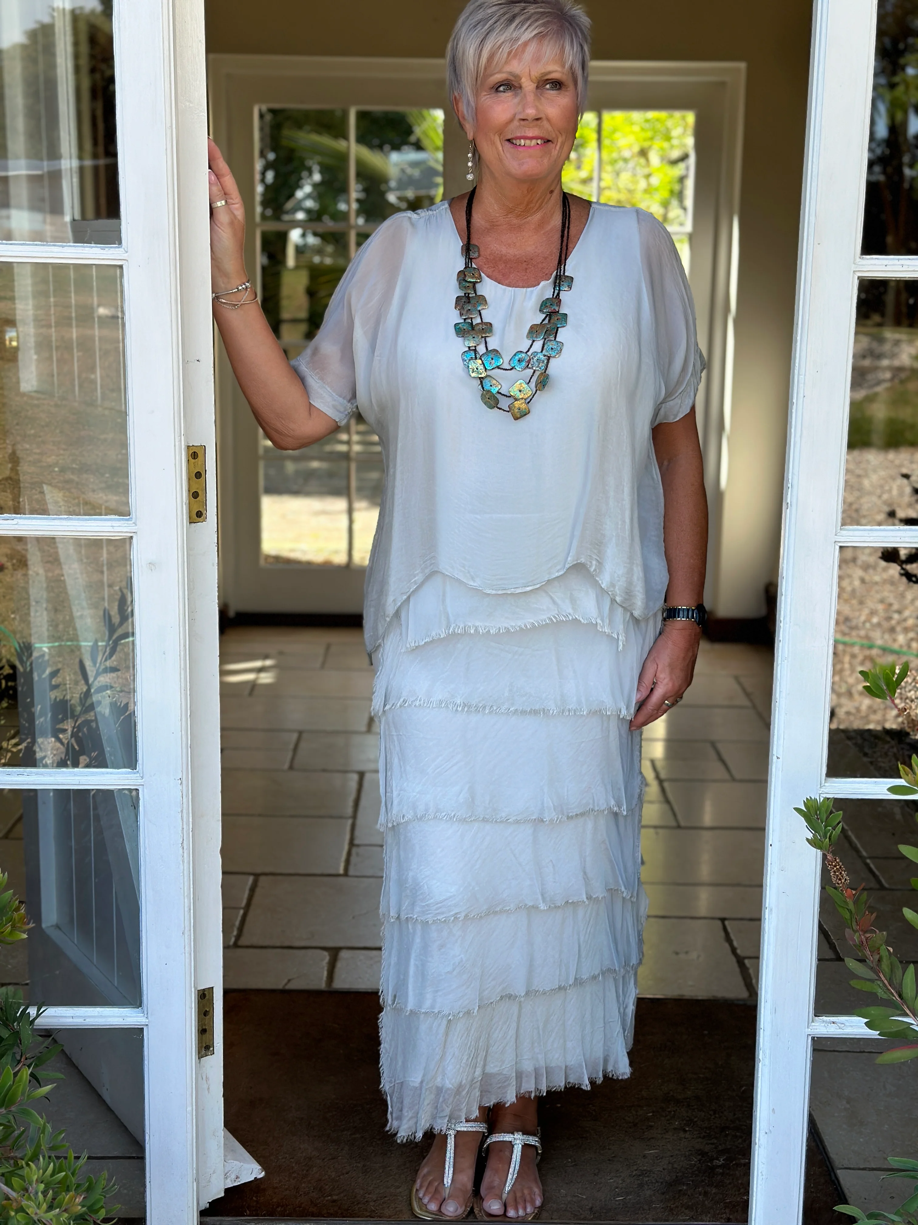 Silk Tiered Ruffle Dress | Silver - Image 6