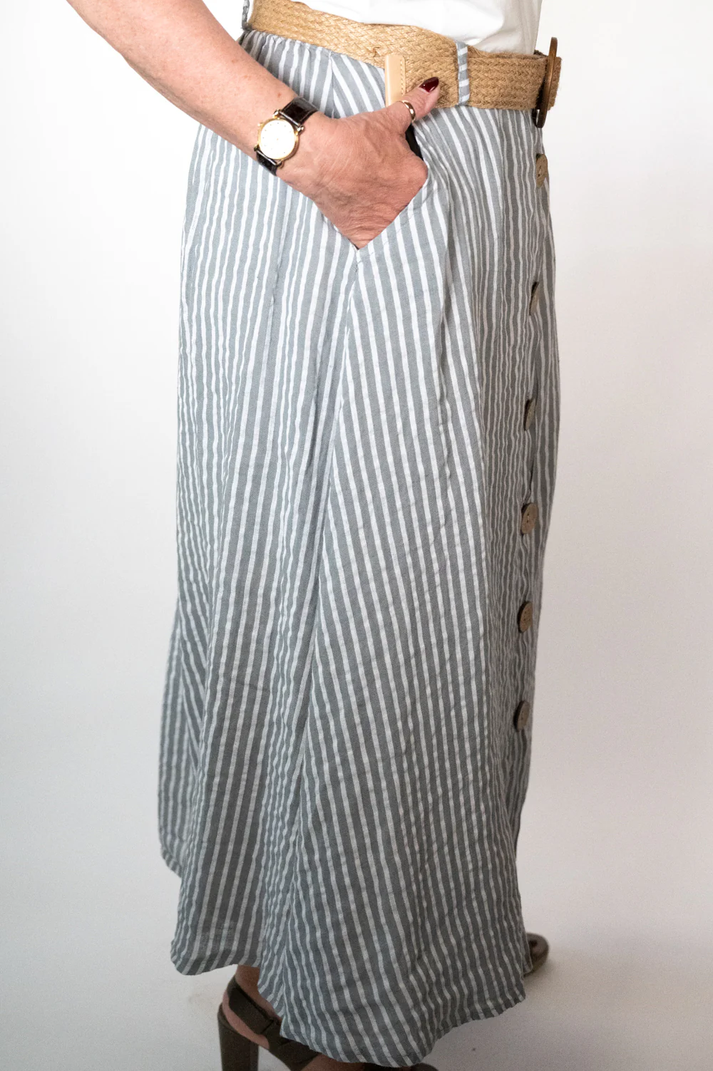Silver Stripe Belted Midi Skirt - Image 3