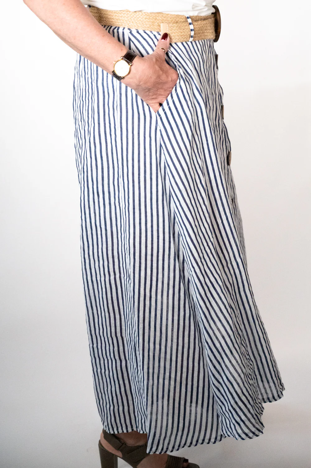 White Stripe Belted Midi Skirt - Image 3